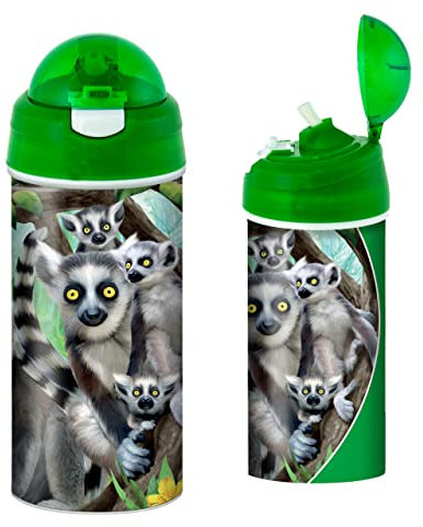 3D LiveLife Trinkflasche - Kattas von Deluxebase. 3D Linsenförmige Lemur Wasserflasche mit Stroh. 600 ml kinder Trinkflasche mit original kunstwerk von bekannt Künstler, Michael Searle