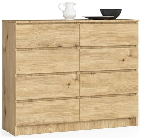 BDW Kommode, 8 Schubladen, viel Stauraum, Kleiderschrank, Flur, Badezimmerschrank, Kommode, Multifunktionsschrank. Abmessungen: 120 x 99 x 40 (Eiche Artisan)