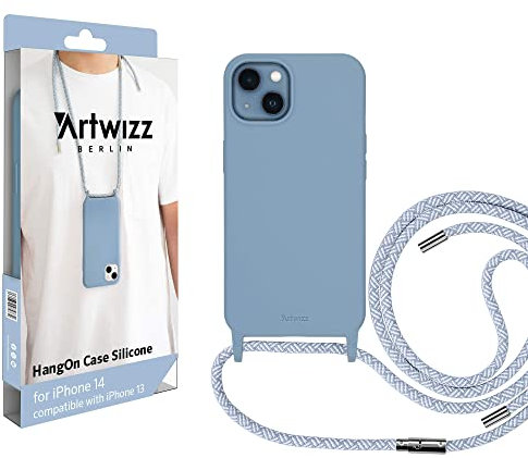 Artwizz HangOn Case kompatibel mit iPhone 14 - Elastische Schutzhülle aus Silikon als Handykette zum Umhängen mit Band - Nordic Blue