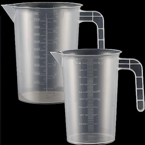 2 Stück Messbecher Kunststoff Set Mit Griff und Gramm Skala 500ml+1000ml, Hitzebeständig Präzisions Messbecher für Waschmittel, Küche, Labor, die Autopflege feine Skala Lebensmittelecht(Transparent)