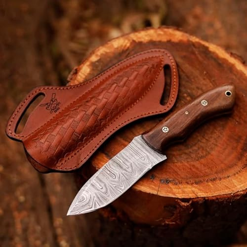 ADAM KNIVES Fixed Blade Damascus Steel Hunting Knife with Leather Sheath, 9'' Full Tang Hunting Skinning Knife,Non-Slip Wooden Handle,Camping Blade (Brown)