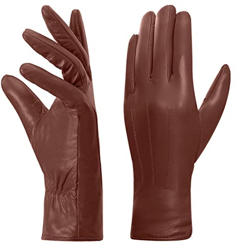 Harssidanzar Leder handschuhe für Damen,Winter Warm Fleecefutter Touchscreen Vintage Finished GL018EU,Cognac,Größe L