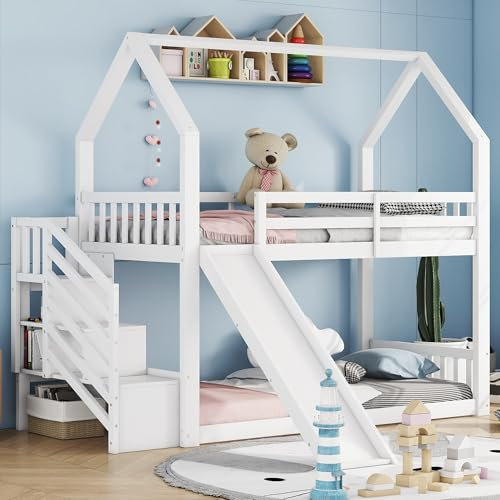 90x200cm Etagenbett mit Stauraumtreppe und Rutsche, Hausbett, Kinderbett mit Geländer, geeignet für Kinder, Jugendliche (Weiß)