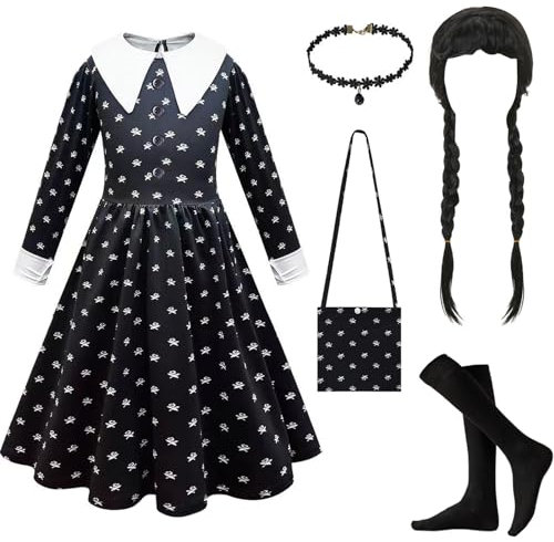 YIMOJOY 5 Stück Wednesday Kostüm Kinder Set,Wednesday Kostüm Mädchen mit Perücke Gothic Schwarzer Kleid Kinder Karneval Kostüm Cosplay Halloween Party Outfit(XL)