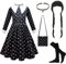YIMOJOY 5 Stück Wednesday Kostüm Kinder Set,Wednesday Kostüm Mädchen mit Perücke Gothic Schwarzer Kleid Kinder Karneval Kostüm Cosplay Halloween Party Outfit(XL)