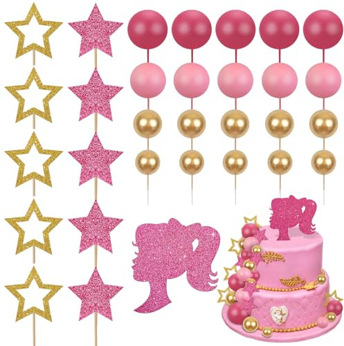 Xialvyu 31 Pcs Pink Girl Cake Topper, Ball Cake Decorations Happy Birthday Cupcake Topper for Wedding Baby Shower Anniversary Birthday Party Supplies