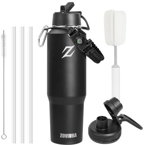 Zoviura Botella Termica 1.18L para Portavasos, Botella Agua Acero Inoxidable con Pajitas y 2 Tapas, Termo Cafe con Asa de Paracord, Taza Termica de Doble Pared para Travel Termo Agua Fria