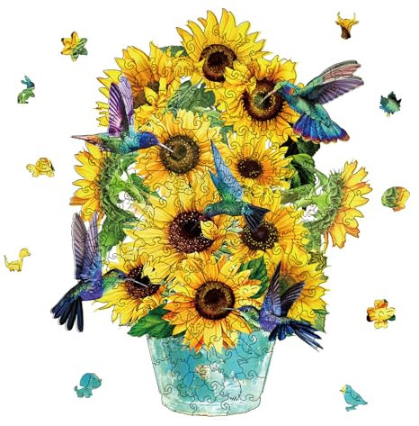 GLOBLELAND 200Pcs Sunflower Wooden Jigsaw Puzzles for Adults Colorful Hummingbird Wooden Puzzles for Birthday Christmas Family 36x28.5cm/14.2x11.2inch