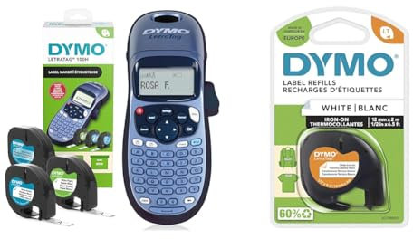 DYMO LetraTag LT-100H Beschriftungsgerät Handgerät | Tragbares Etikettendrucker mit ABC Tastatur & Original LetraTag Bügeletiketten | schwarz auf weiß | 12 mm x 2 m