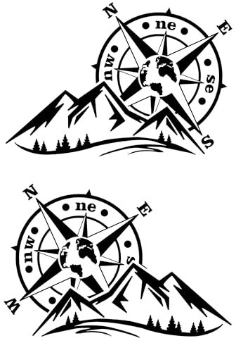 Autocollants rose des vents Montagne Boussole tout-terrain 4 x 4 Trail Off Road Voiture Fourgonnette Camper Moto camping-car Autocollant Vinyle Coupe Aventure Bateau ou Remorque (20 x 30 cm, Noir)