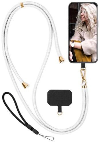 moex Unleash für Huawei P20 Handyband zum Umhängen ohne Hülle, Handykette Universal mit Karabiner, Handy Band abnehmbar, Kette mit Pad für Handyhülle, Weiß, Gold