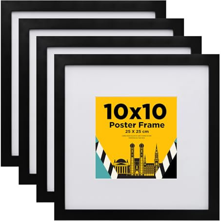 Egofine Cornice portafoto 25 x 25 cm, in legno con vetro acrilico, cornice in MDF, set da 4 pezzi, passepartout per foto 15 x 15 cm, cornice quadrata per montaggio a parete o da tavolo, colore nero