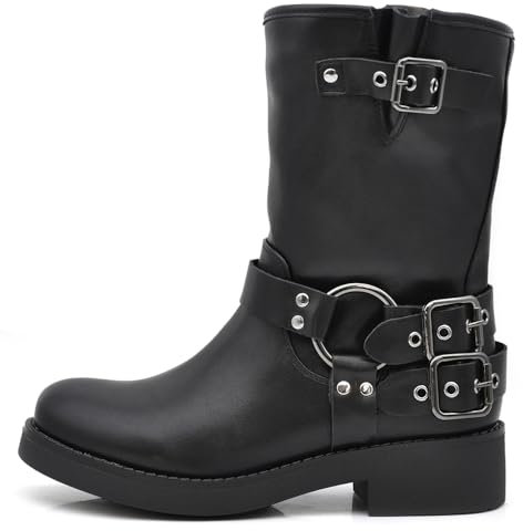 IF Fashion Stivali Alla Caviglia Stivaletti Biker Anfibi Motociclista Fibbie Cinghie Da Donna RQ65 Nero N.39