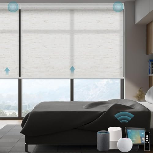 SmartWings Elektrisches Rollo mit Fernbedingung, Smart Rollo Innen 70% Verdunkelung, Kompatibel mit Alexa, Google Home, Homekit, Benutzerdefinierte Größe, Leinen Weiß