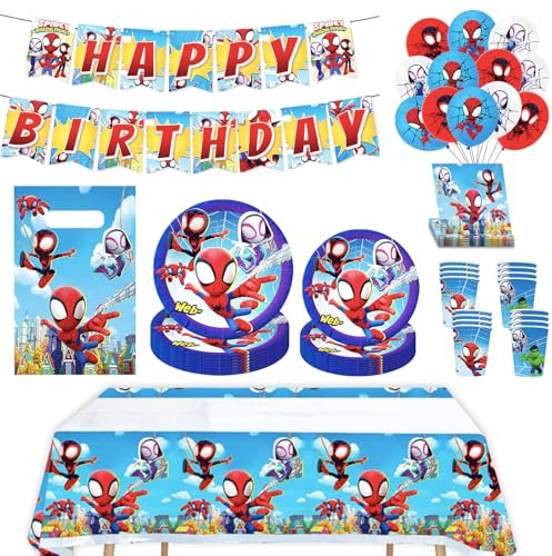 MORAINJAY 77 Pièces Spiderman Vaisselle Ensemble,Vaisselles Anniversaire Kit pour Enfants avec Assiettes Papier Tasses Serviettes Nappe Bannières Ballons,Décor Anniversaire Fête Spiderman -10 Invités