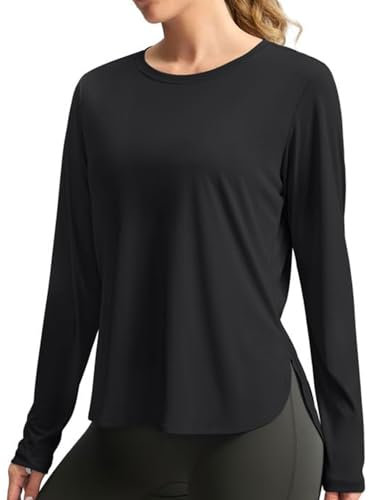 PINSPARK Women's Sports T-Shirt Long Sleeve Sportshirt Rash Guard Workout Shirts Quick Dry Sports Tops Crew Neck Running Gym T-Shirts with Thumb Hole Black XL