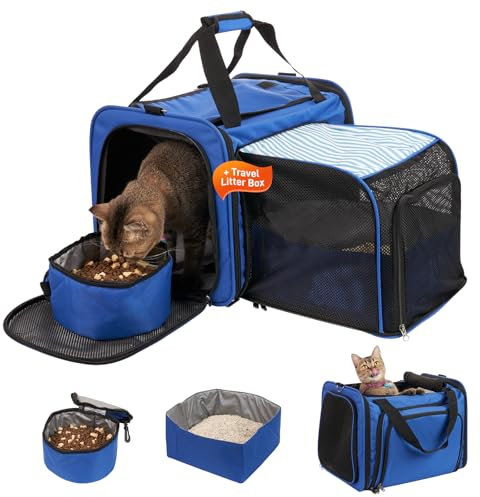Cat Carrier with Litter Box, Expandable Cat Travel Carrier for Car with Bowl, Soft Sided Cat Carrier for Cats/Puppies up to 20 lbs, Blue