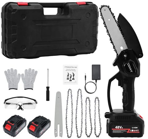 COVVY Mini motosierra inalámbrica de 6 y 8 pulgadas, motosierra de mano con 2 baterías, 4 cadenas, 1 gafas, 1 destornillador, un par de guantes anticorte, herramientas eléctricas pequeñas para cortar