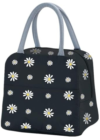 OTKARXUS Lonchera aislada para mujer, portátil, impermeable, con patrón de margaritas y bolsillo, bolsa de almuerzo para adultos, niñas, niños, escuela, trabajo, picnic, viajes (C negro)