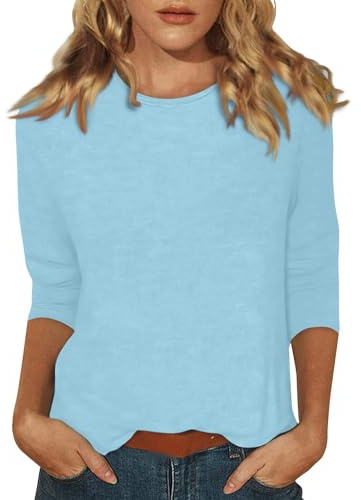 Womens 3/4 Sleeve Tops Solid Color Casual Gym Fashion Daily T-Shirts Ladies Lightweight Summer Round Neck Blouses