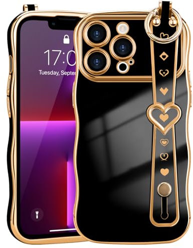 LLZ.COQUE for iPhone 13 Pro Max Case with Strap Cute Love-Heart, Curly Wave Frame Luxury Plating for Women Girls Cover, Shockproof Anti-fall Silicone Phone Case for iPhone 13 Pro Max, Black