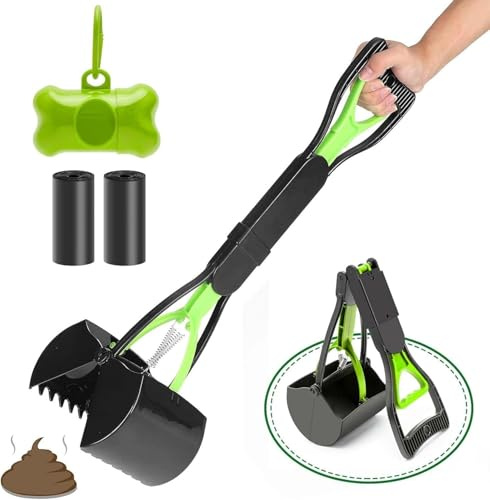 VIDSTW Recogedor Caca Perros 45cm Recoge Cacas de Perros con Dog Poop Bags Recogedor de Cacas de Perros con Porta Bolsas Caca Perro Accesorios para Perros Mango Largo Recogedor Basura (Verde)