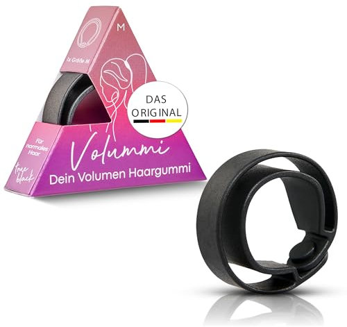 Volummi Haargummi Schwarz – Innovativer Zopfgummi für sichtbar mehr Volumen im Pferdeschwanz – Starker Halt & schonend für Haare – Das Original Made in Germany [True Black M für mittlere Haarstärke]