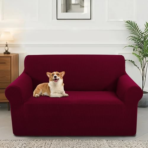 Luxshare Home Stretch Sofaüberzug waschbar Rutschfester Möbelschutz mit elastischem Bund & Schaumstoff Kratzfester Sofabezug für Kinder,Hunde und Haustiere(Loveseat/Burgundy)