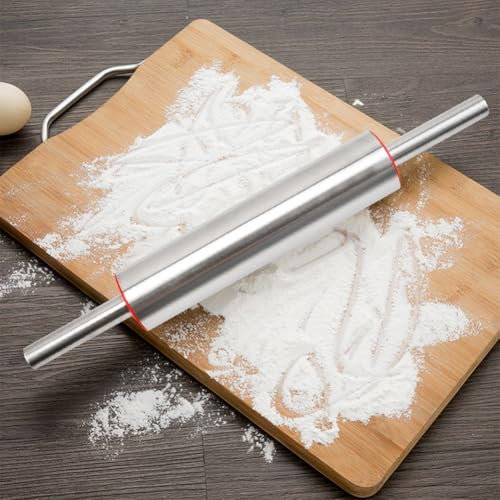 NHBETYS Stainless Steel Rolling Pin with Silicone Baking Mat, 17 inch, Silver