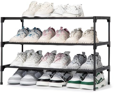 OLYREO Meuble Chaussure, Étagère à Chaussures 3 Niveaux pour 12 Paires, Empilable Meuble Chaussure en Métal, Rangement pour Chaussures pour Placard, Couloir, Entrée Noir