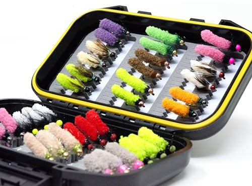 Outdoor Planet 36 Mop Flies Assortment with Waterproof Fly Box | Mop Jig Tungsten Bead and Barbed Hooks | Fly Fishing Flies for Trout Size #10,12,14,16