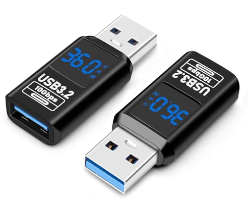 AIYEEN USB 3.2 Digitalanzeige USB A Stecker auf Buchse OTG Adapter 10 Gbit/s (2er-Pack), Echtzeit-Stromüberwachung, bis zu 36 W schnelles Laden, kompatibel mit Laptop, Powerbank