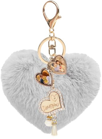 JK Home Porte-Clef Personnalisé Coeur Porte-clé Photo Pendentif Pompon | en Peluche Cristal avec Boîte pour Voiture Sac à Main Saint-Valentin Noël