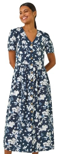 Roman Originals Swing Tea Dress Women UK Ladies Skater Midi A Line Fit & Flare Summer Casual Smart Cocktail Party Going Out Work Cruise Button Through Long Pocket - Floral Navy - Size 12