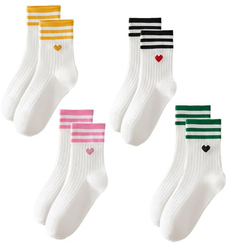 NICEIN 4 Paar Tennissocken Damen 39-42,Funny Herz Crew Socks with Bunt Streifen Mit Motiv,Damen Weiße Fashion Laufsocken