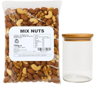 PREMIUM RAW UNSALTED MIX NUTS 700G WITH 800ML JAR – Nutritious Vegan, Keto & Vegetarian Snack Blend | Gourmet Raw Cashews, Almonds, Walnuts & Brazil Nuts for Energy & Wellness