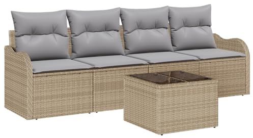 vidaXL 5-teiliges Garten-Sofa-Set mit Kissen in Beige aus Poly-Rattan. Modularer Outdoor-Sitz mit verstellbaren Füßen. Handgewebte Oberfläche für drinnen und draußen. Terrassenmöbel Loungeset.