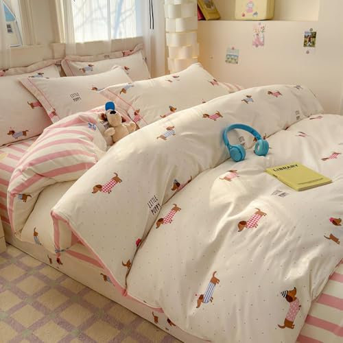 Covebett Dackel Bettwäsche 135x200 Rosa Gestreift mit Dackelmotiv Bettbezug Set 2teilig Weich Microfaser Rosa Streifen Dachshund Hunde Mädchen Deckenbezug und Kissenbezug 80x80 mit Reißverschluss
