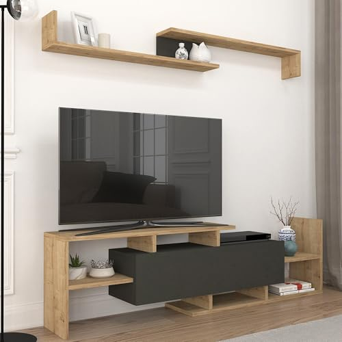 [en.casa] Juego de Muebles de Salón Liksefte Mesa para Televisor con Múltiples Compartimentos Estantes y 1 Puerta Mueble TV con Estantería de Pared Aglomerado 154x28x42cm - Efecto Roble Zafiro/Negro