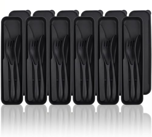 Wrova Camping Cutlery Set 24-Piece Travel Cutlery with Knife Fork Spoon | Reusable Cutlery Set - Unbreakable Camping Utensils, Dishwasher Safe Plastic Cutlery for Travel & Picnic - Black