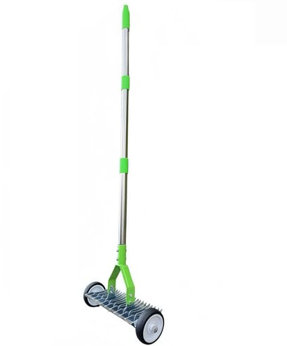 Lawn Thatch Rake with Wheels, Rolling Lawn Scarifier with 32 cm working width, Handheld Weed Rake, for Cleaning Dead Grass, Moss, Weeds (Green,1.3M)