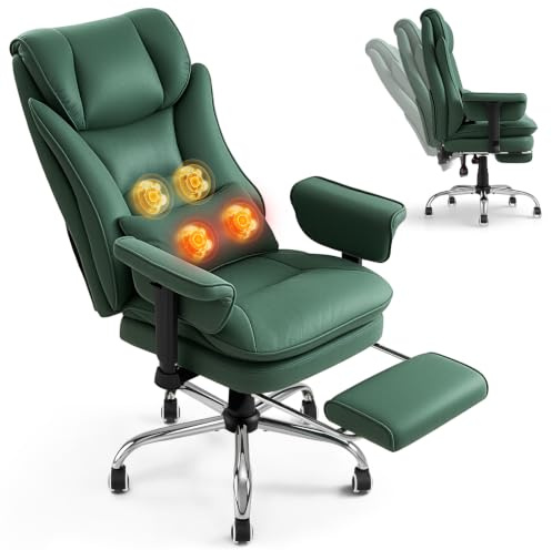Warmiehomy Massage Office Chair Heated, 155° Recline Chair with Footrest | Breathable & Quick-Dry Tech Fabric, 4-Point Heated, Ergonomic Lumbar Pillow, Heavy Duty, for Home Office, Green