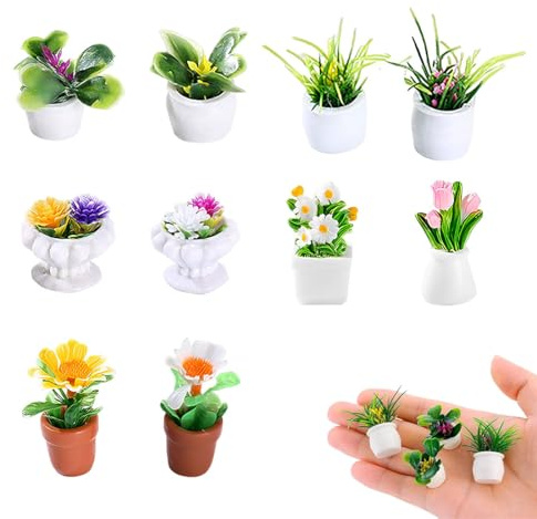 DHJWDUX 10 Miniatures Accessoires Maison de Poupée, Mini Plantes en Résine, Décoration de Bureau et Intérieur, Paysage Végétal Apaisant pour Petits Espaces