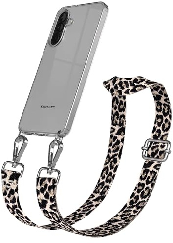 EAZY CASE Handykette - Verstellbares Taschenband kompatibel mit Galaxy A37, Schulterriemen, Handykordel mit Silikon Hülle, Umhängetasche, Leo - Schwarz Beige Silber
