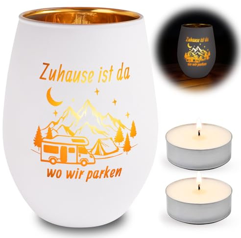 Camper Geschenk, Camping Windlichter, Windlicht aus Glas mit Gravur, Zuhause Ist Da Wo Wir Campen, Wohnmobil Besitzer Geschenkidee, Teelichthalter Glas, Geschenk für Camping Liebhaber