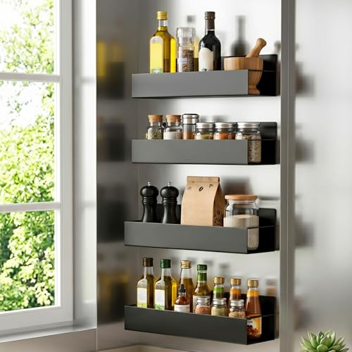 Woobroo 4er Set Gewürzregal Magnetisch Kühlschrank-Magnetregal ohne Bohren | Tragkraft bis 3,6kg, aus robustem Karbonstahl, 2 Größen für Gewürze & Dosen, platzsparende Küchenorganisation ohne Bohren
