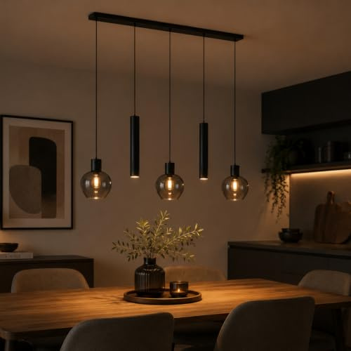 Lightbox Pendelleuchte, 3x E27 und 2x GU10 Fassung, 123 x 23 x 150 cm, | Pendelleuchte, 3x E27 und 2x GU10 Fassung, 123 x 23 x 150 cm, dimmbar, Kabel kürzbar, Aluminium Glas, schwarz Rauchglas,