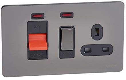 Schneider Electric Ultimate Screwless Flat Plate - Switched Single Cooker Control Unit with Socket, Double Pole with Neon indicator, 45A, GU4401BBN, Black Nickel with Black Insert