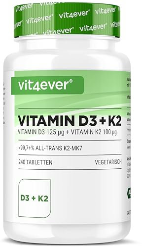 vit4ever Vitamin D3 + K2 Depot - 240 Tabletten - Premium Rohstoff: 99,7+% All-Trans - Mit 5000 I.E. Vitamin D3 pro Tablette - Vegetarisch - Premium Qualität - Ohne unnötige Zusätze