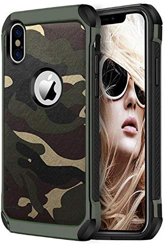 FDTCYDS iPhone X Hülle,iPhone x Camo Hülle Defender Shockproof Drop Proof High Impact Rüstung Plastic und Leder TPU Hybrid Rugged Camouflage HandyHülle Schutz Cover Hülle für Apple iPhone x – Grun